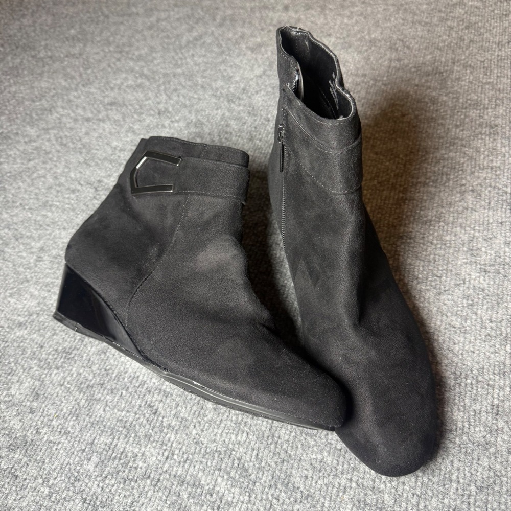 Black Ankle Boots IMPO Gander Wedge Heel Buckle Detail Comfortable Shoes